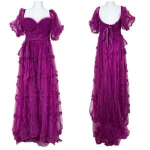 Tulle Fushia Sweetheart Corset Ruffle Prom Dress Off Shoulder Sleeves Size 14